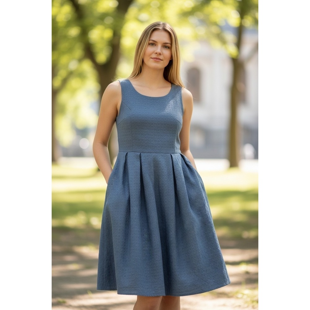 Deletta Anthropologie Women's Blue Jacquard Sleeveless Pockets Skater Dress SM